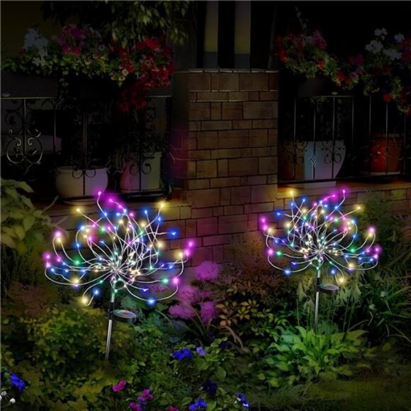 Solar Firework Lights Fairy Garden Decor 2 Pack, Waterproof LED Sparkler Lights - Picture 2 of 7